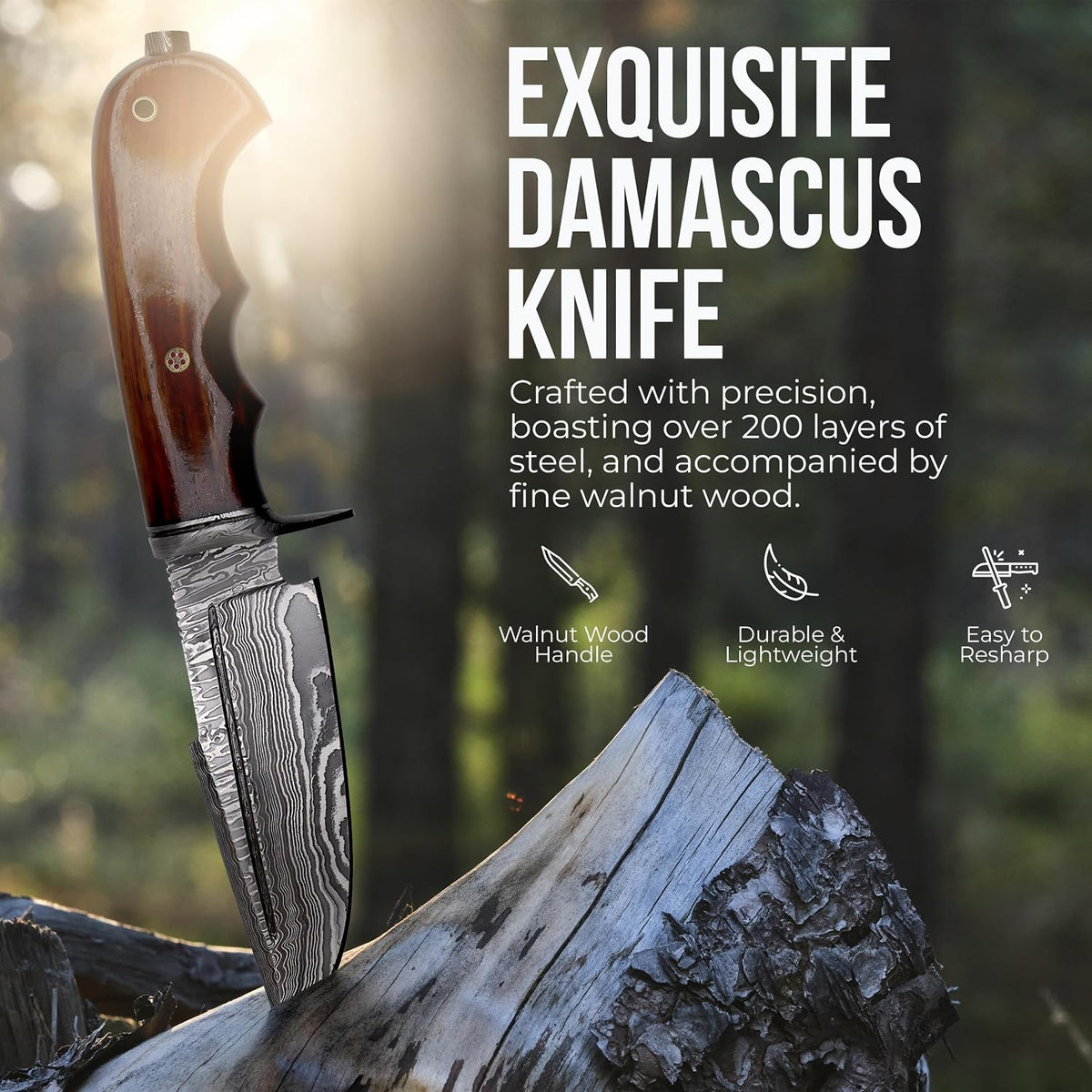 Close-up of 200-layer Damascus steel blade pattern on fixed blade hunting knife