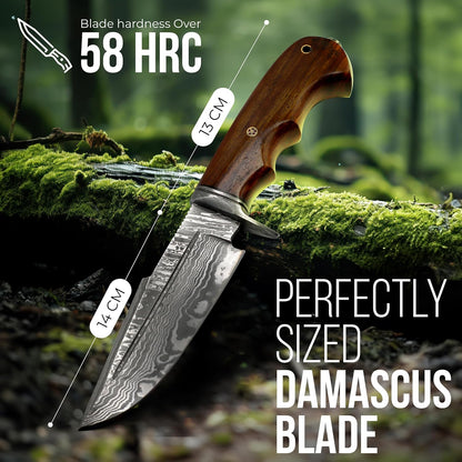 58 HRC Damascus steel outdoor knife, 14cm blade and 13cm handle dimensions