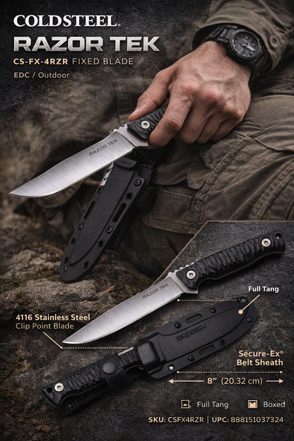 Cold Steel Razor Tek CS-FX-4RZR Fixed Blade Knife – 4" 4116 Stainless Clip Point, Black GFN Handle, Secure-Ex Sheath (UPC 888151037324) by Cold Steel