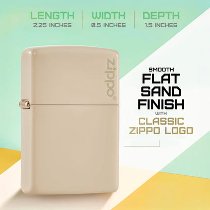 Classic Flat Sand Zippo Logo Lighter - Made in USA - Shop now at Mjoutdoorsgear UK