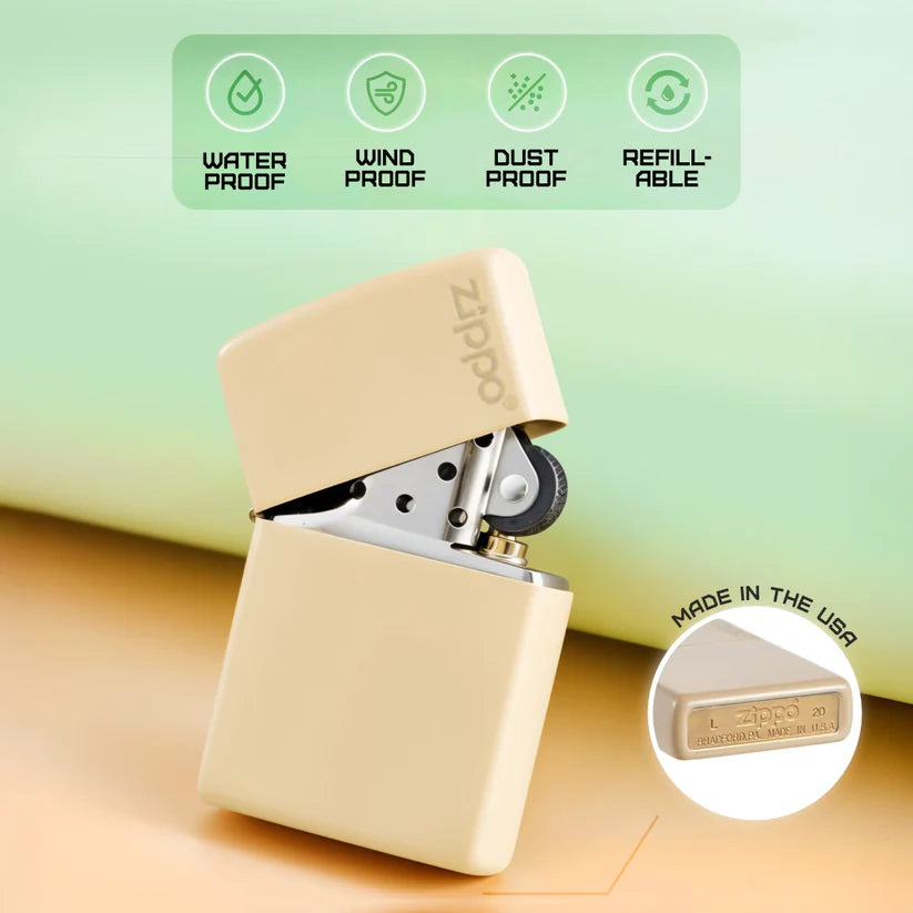 Classic Flat Sand Zippo Logo Lighter - Made in USA - Shop now at Mjoutdoorsgear UK