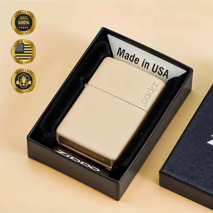Classic Flat Sand Zippo Logo Lighter - Made in USA - Shop now at Mjoutdoorsgear UK