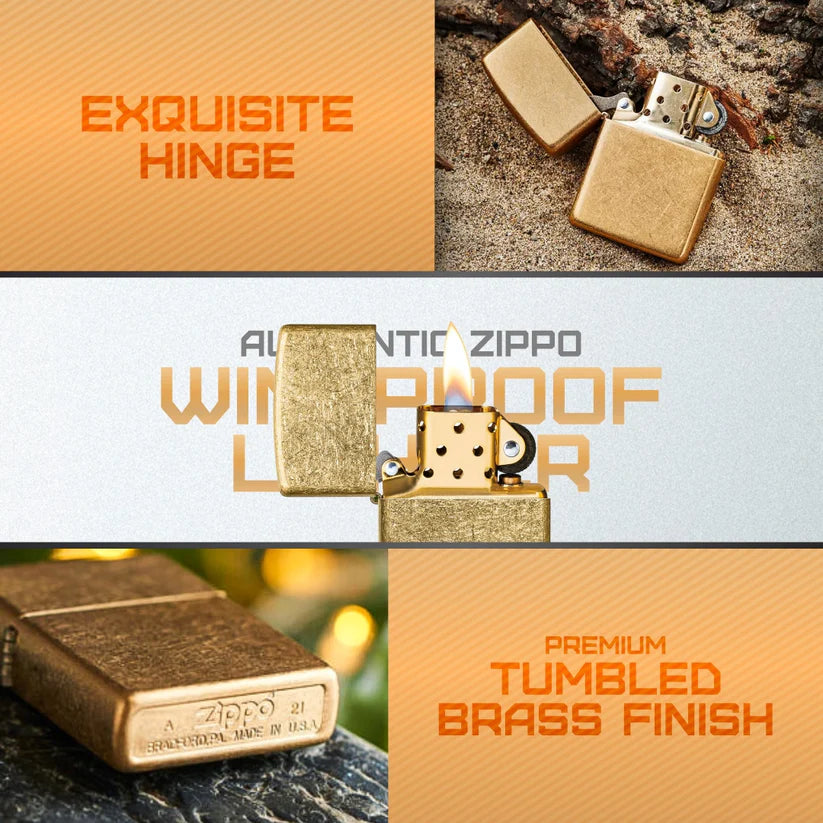 Zippo Classic Tumbled Brass Windproof Lighter – Made in USA - Shop now at Mjoutdoorsgear UK