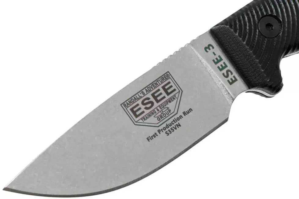 ESEE 3 Stonewashed S35VN 3D Black G10 Handles Fixed Blade 3PM35V-001
