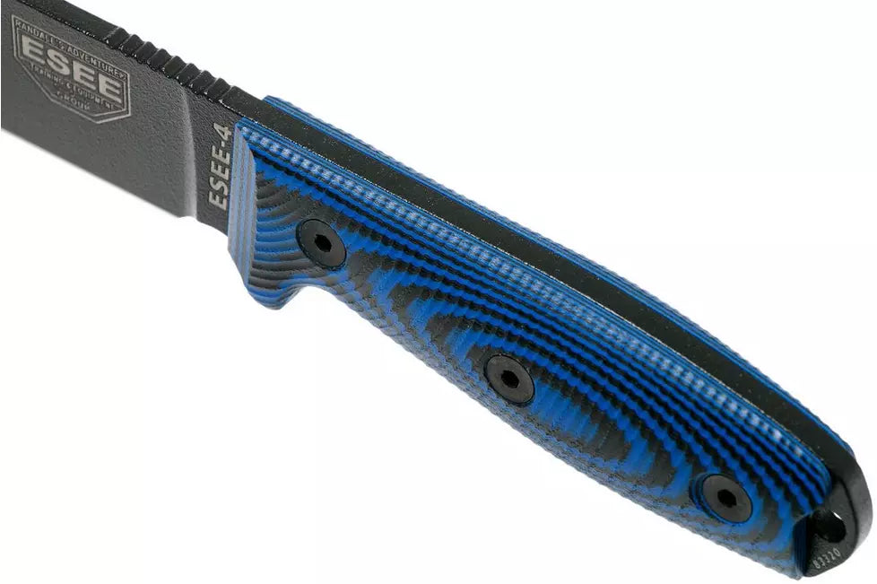 ESEE Knives 4 - 4PB-008 - 1095 Carbon Steel Black Blade - Blue and Black G10 3D Handle - Black Sheath
