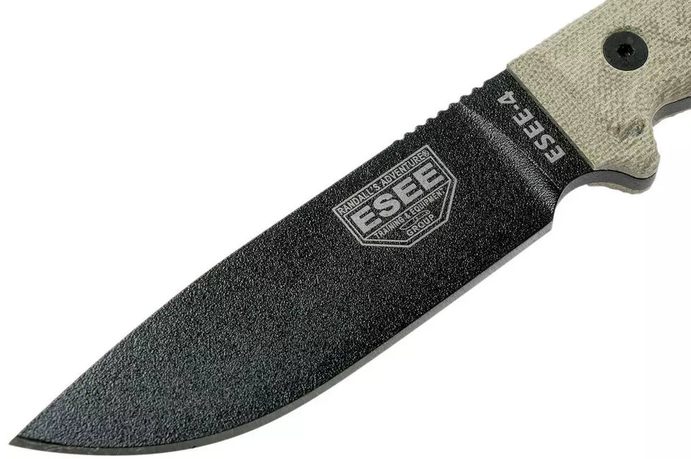 ESEE Knives 4 - 4PB-017 - 1095 Carbon Steel Black Blade - Green Canvas Micarta 3D Handle - Black Sheath
