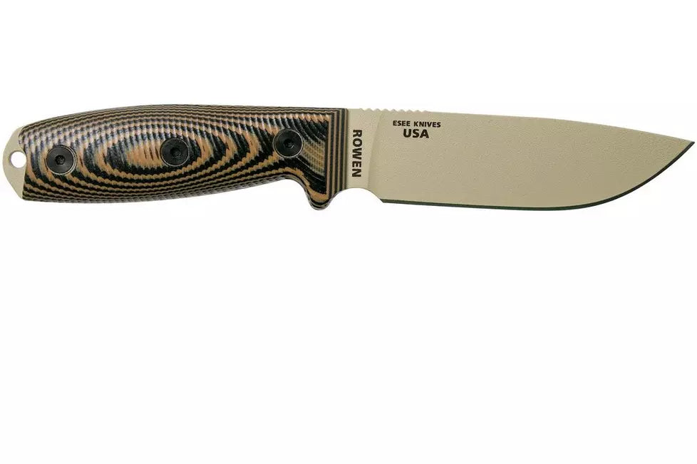 ESEE Knives 4 - 4PDT-005 - 1095 Carbon Steel Desert Tan Blade - Coyote and Black G10 3D Handle - Black Sheath
