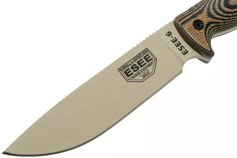 ESEE Knives 6 - 6PDT-005 - 1095 Carbon Steel Desert Tan Blade - Coyote and Black G10 3D Handle - Black Sheath
