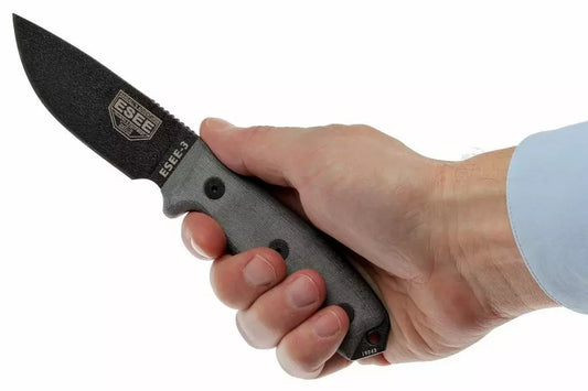 ESEE Model 3 black blade, grey handle 3P-MB-B with sheath + clip and MOLLE-back
