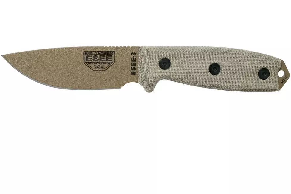 ESEE Model 3 dark earth blade, grey handle 3P-MB-DE with sheath + clip and MOLLE-back
