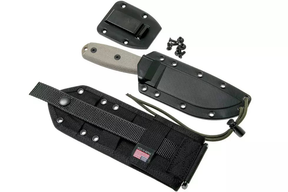 ESEE Model 4 dark earth blade, grey handle 4P-MB-DE with black sheath + clip and MOLLE-back
