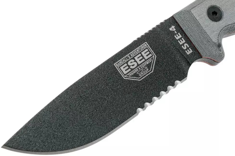 ESEE Model 4 serrated blade, grey handle 4S-MB-B with black sheath + clip and MOLLE-back
