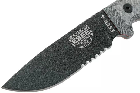 ESEE Model 4 serrated blade, grey handle 4S-MB-B with black sheath + clip and MOLLE-back
