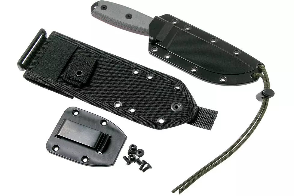 ESEE Model 4 serrated blade, grey handle 4S-MB-B with black sheath + clip and MOLLE-back
