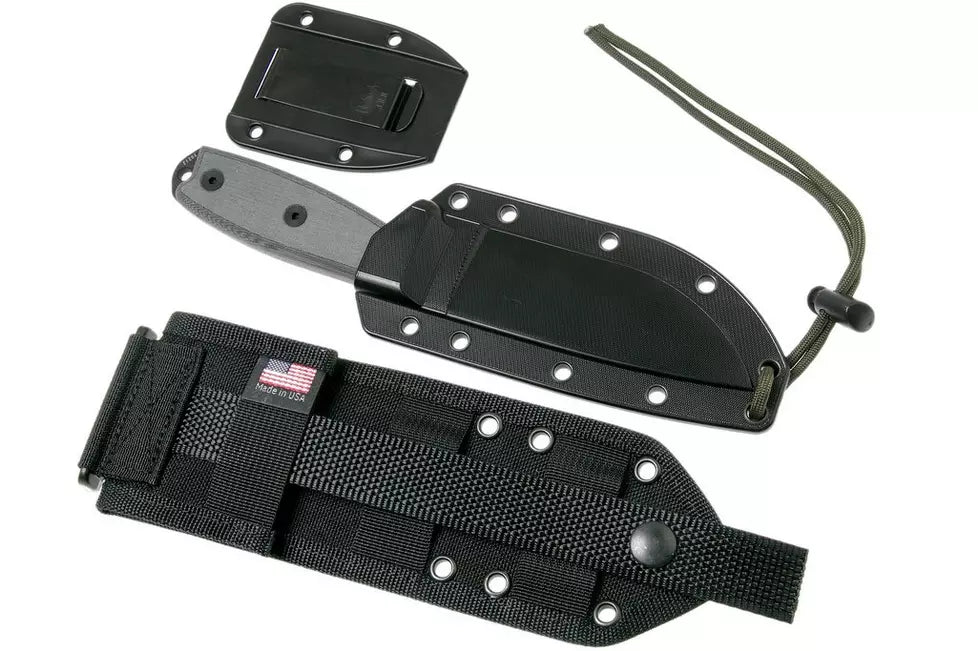 ESEE Model 4 serrated blade, grey handle 4S-MB-B with black sheath + clip and MOLLE-back
