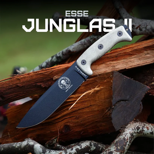 ESEE Junglas II fixed blade knife with ESEE logo – ESEE-JUNGLAS-II-E, rugged outdoor survival knife on neutral background.