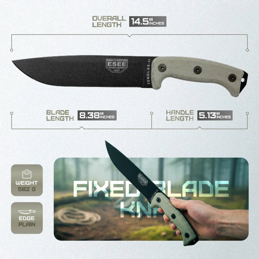 ESEE Junglas II fixed blade knife with ESEE logo – ESEE-JUNGLAS-II-E, rugged outdoor survival knife on neutral background.