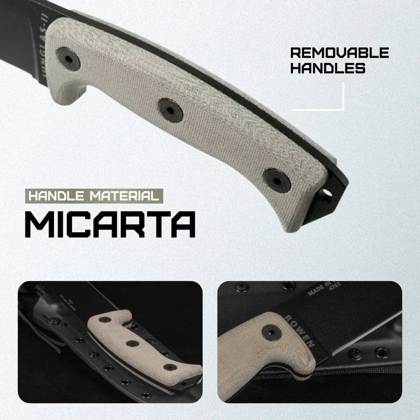 ESEE Junglas II fixed blade knife with ESEE logo – ESEE-JUNGLAS-II-E, rugged outdoor survival knife on neutral background.