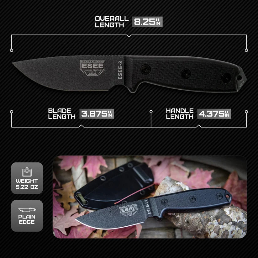 ESEE Model 3 Tactical ESEE-3P-TG-B fixed blade knife with rugged design, reliable performance for outdoor use
