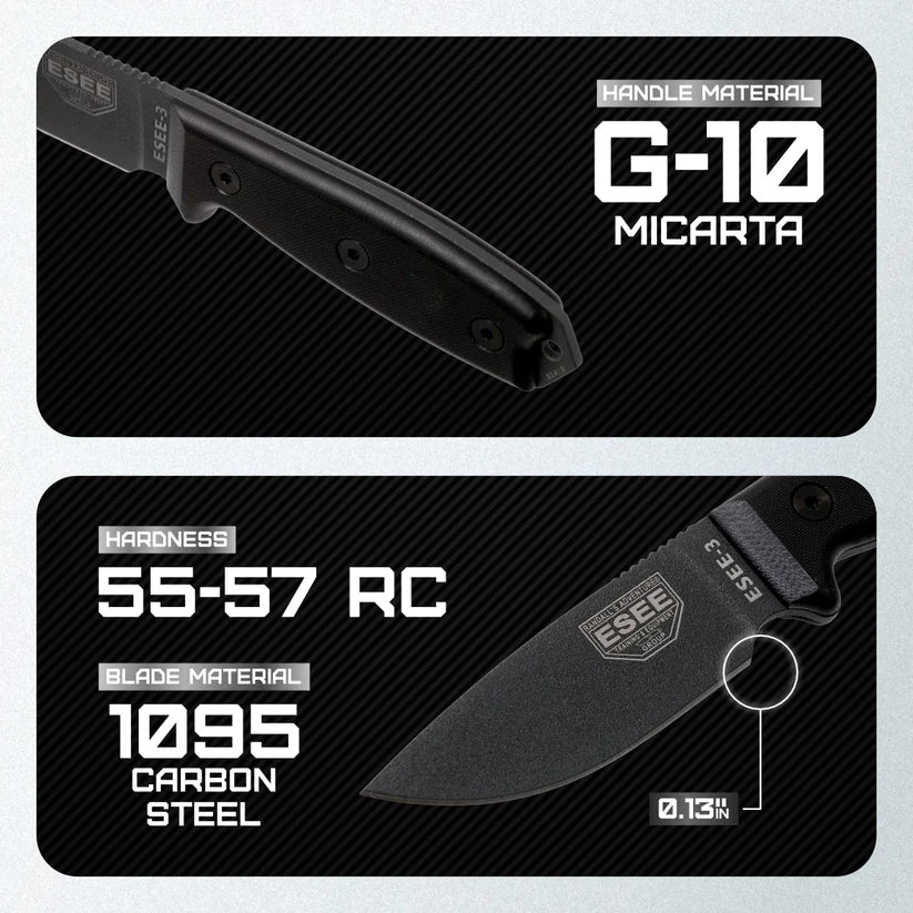 ESEE Model 3 Tactical ESEE-3P-TG-B fixed blade knife with rugged design, reliable performance for outdoor use