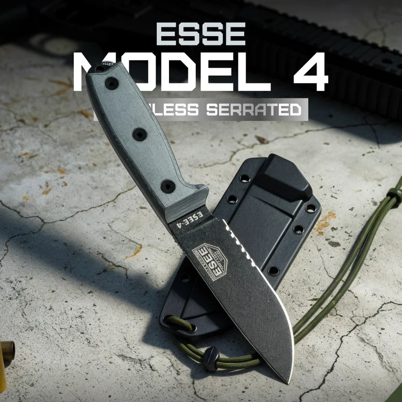 ESEE Model 4 Stainless Serrated ESEE-4S-MB-B fixed blade knife with durable stainless steel construction and partially serrated edge
