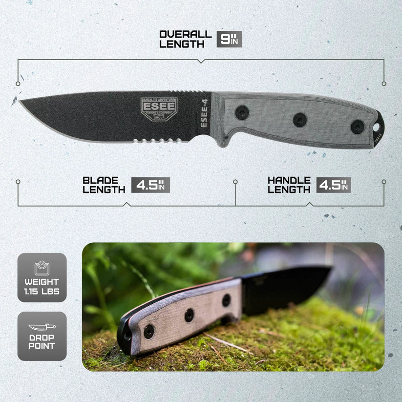 ESEE Model 4 Stainless Serrated ESEE-4S-MB-B fixed blade knife with durable stainless steel construction and partially serrated edge