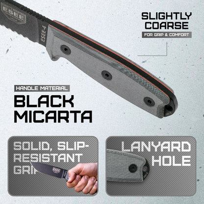 ESEE Model 4 Stainless Serrated ESEE-4S-MB-B fixed blade knife with durable stainless steel construction and partially serrated edge