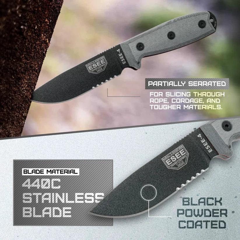 ESEE Model 4 Stainless Serrated ESEE-4S-MB-B fixed blade knife with durable stainless steel construction and partially serrated edge
