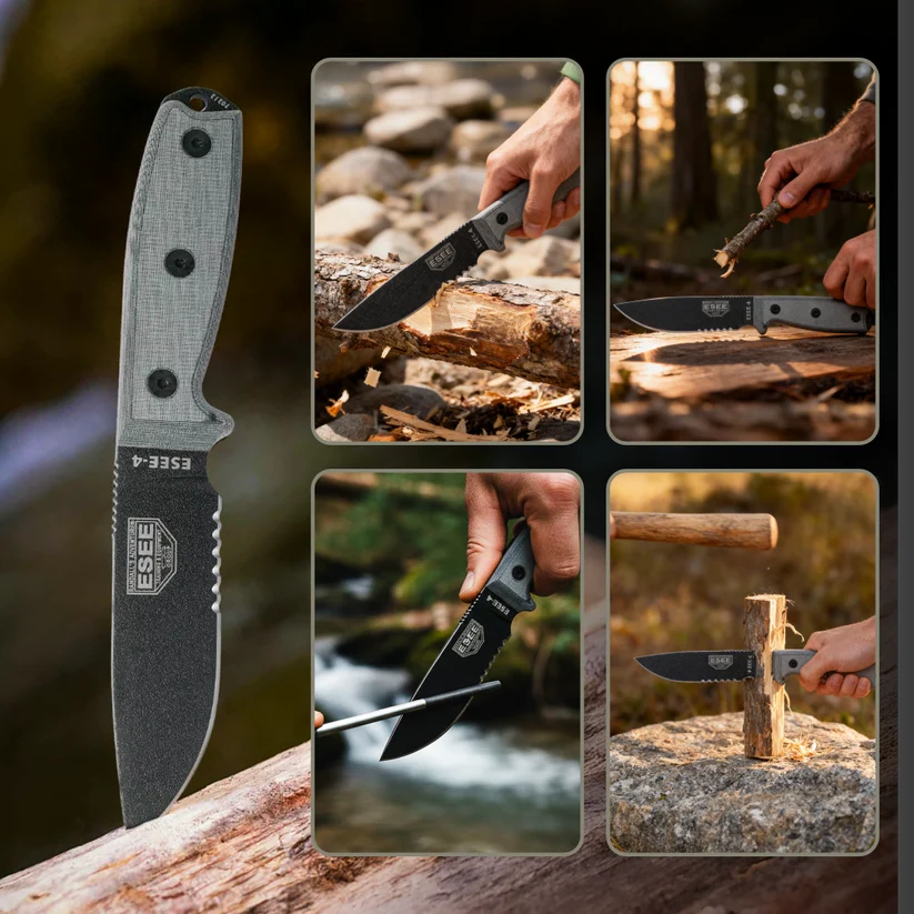 ESEE Model 4 Stainless Serrated ESEE-4S-MB-B fixed blade knife with durable stainless steel construction and partially serrated edge