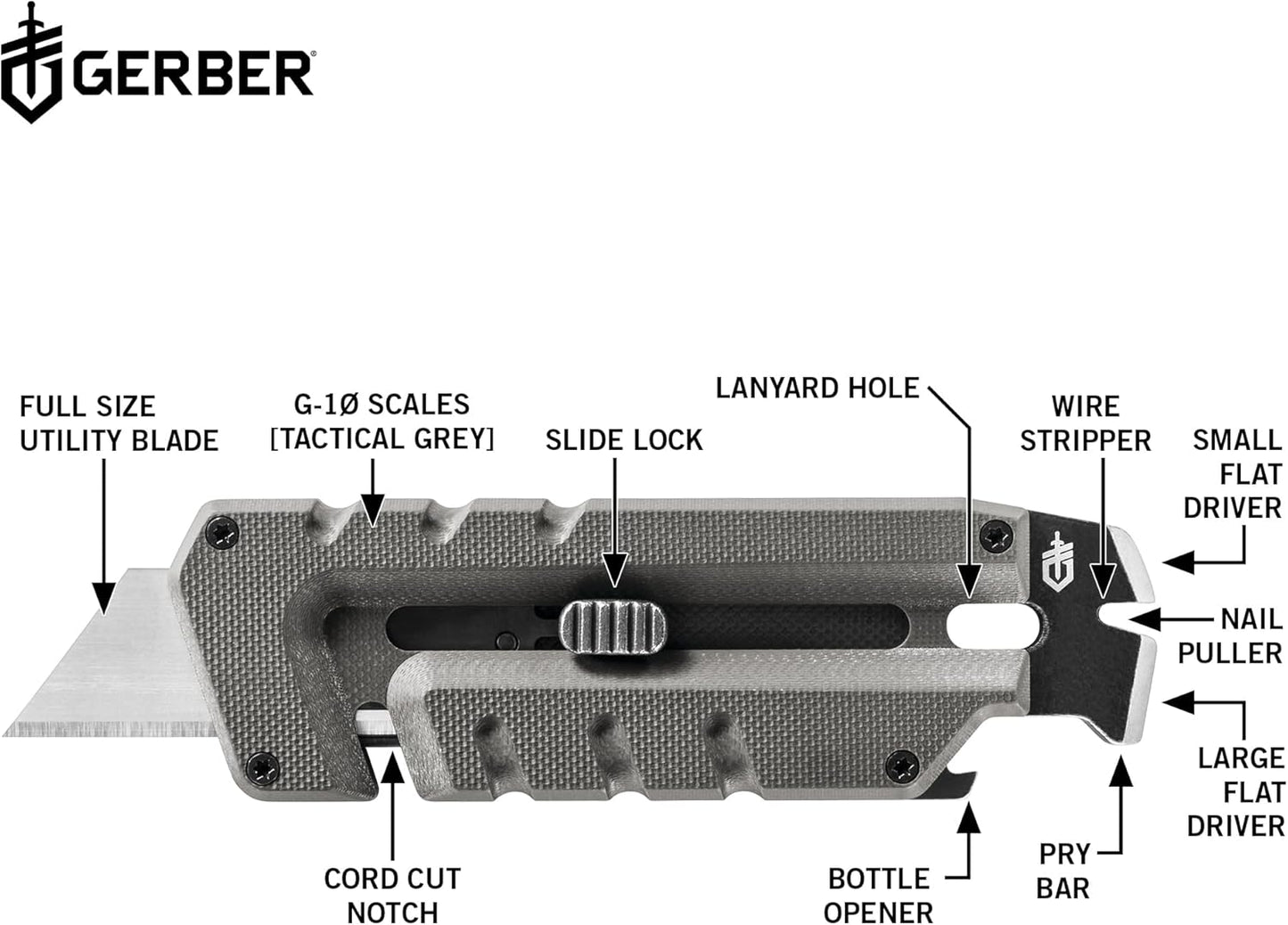 Gerber Gear Prybrid Multi Tool Utility Pocket Knife - Utility EDC Razor Knife with Retractable Blade and Pry Bar - Grey