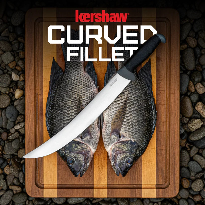 Kershaw 12-inch Curved Fillet Knife for large fish and game processing – high-quality precision knife from MJ Outdoors Gear UK.