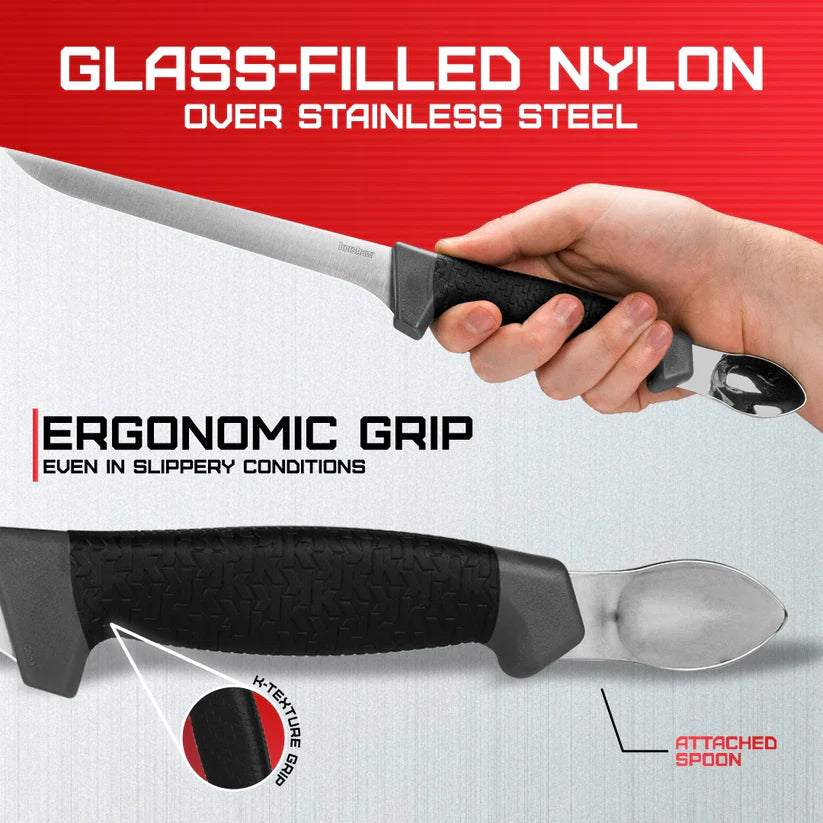 Kershaw Fillet with Spoon 1243SHX fishing knife featuring a sharp fillet blade and spoon tool, ideal for anglers, available at MJ Outdoors Gear UK.