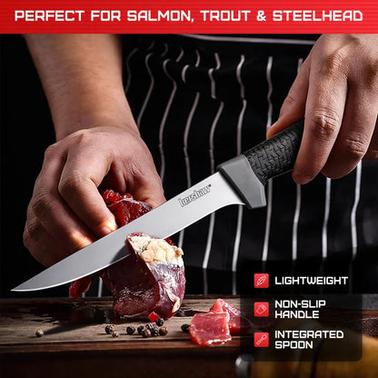 Kershaw Fillet with Spoon 1243SHX fishing knife featuring a sharp fillet blade and spoon tool, ideal for anglers, available at MJ Outdoors Gear UK.