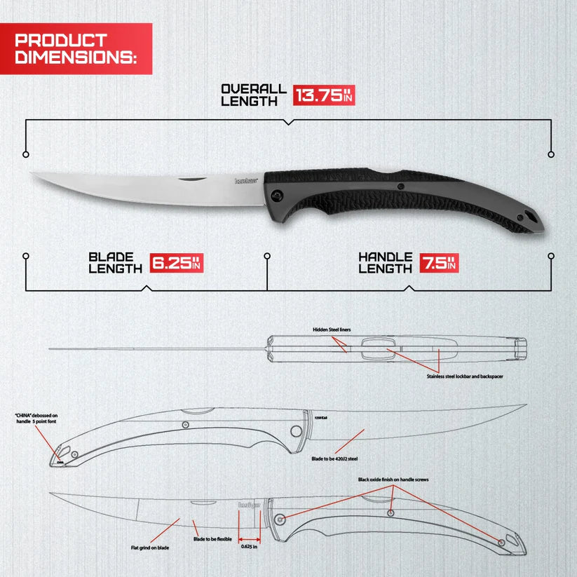 Kershaw Folding Fillet 1258X knife with sharp stainless steel blade and foldable design, ideal for fishing and filleting – MJ Outdoors Gear UK