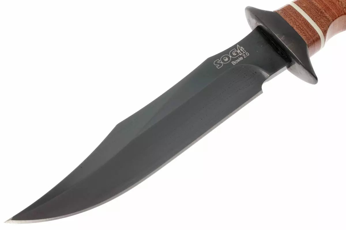 SOG S1TL Bowie 20 Black Fixed Blade Knife Stacked Leather Handles
