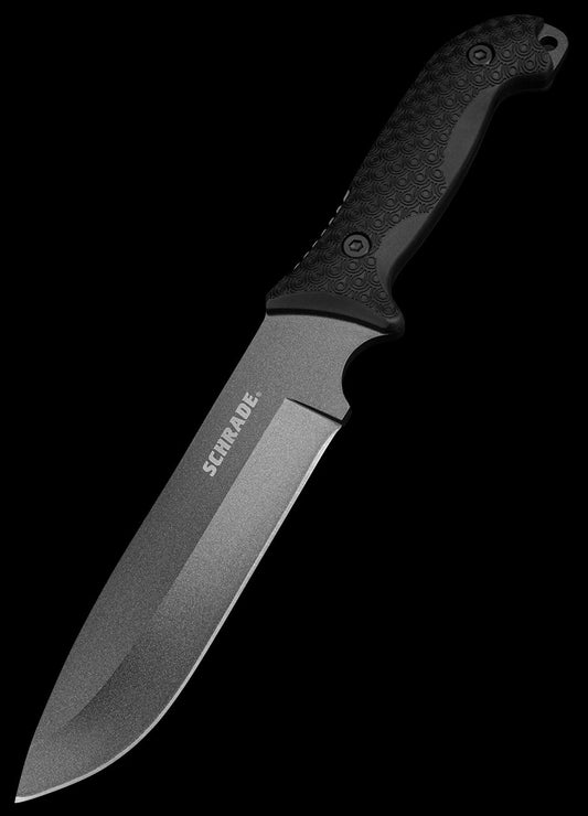 Schrade Frontier fixed blade knife with 1095 steel drop point blade, textured TPE handle, lanyard hole, sheath, and ferro rod