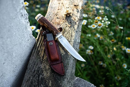 Uncle Henry 153UH Next Gen Golden Spike Knife with 5in High Carbon S.S. Fixed Blade, Staglon Handle, Sharpening Stone, and Leather Belt Sheath for EDC, Hunting, Survival, Camping and Outdoors
