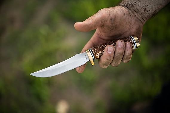 Uncle Henry 153UH Next Gen Golden Spike Knife with 5in High Carbon S.S. Fixed Blade, Staglon Handle, Sharpening Stone, and Leather Belt Sheath for EDC, Hunting, Survival, Camping and Outdoors
