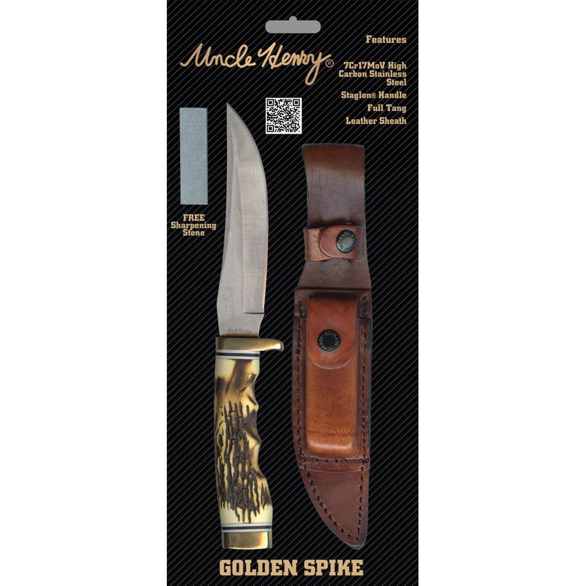 Schrade 153UHCP Uncle Henry Golden Spike Satin Fixed Blade Knife Grooved Staglon Handles