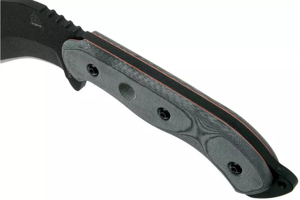 TOPS Knives Bushcrafters Kukri 7.0, BKUK-01 - Black Traction Coated 7.75" Blade - Black Linen Micarta Handle - Kydex Sheath
