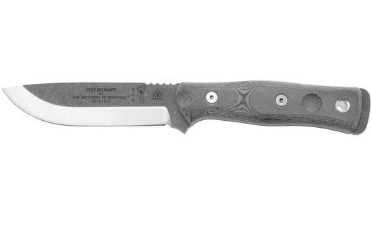 TOPS Knives Fieldcraft B.O.B. BROS-TBF BLM, 1095 Tumbled Finish, Black Linen Micarta, bushcraft knife, Brothers Of Bushcraft design
