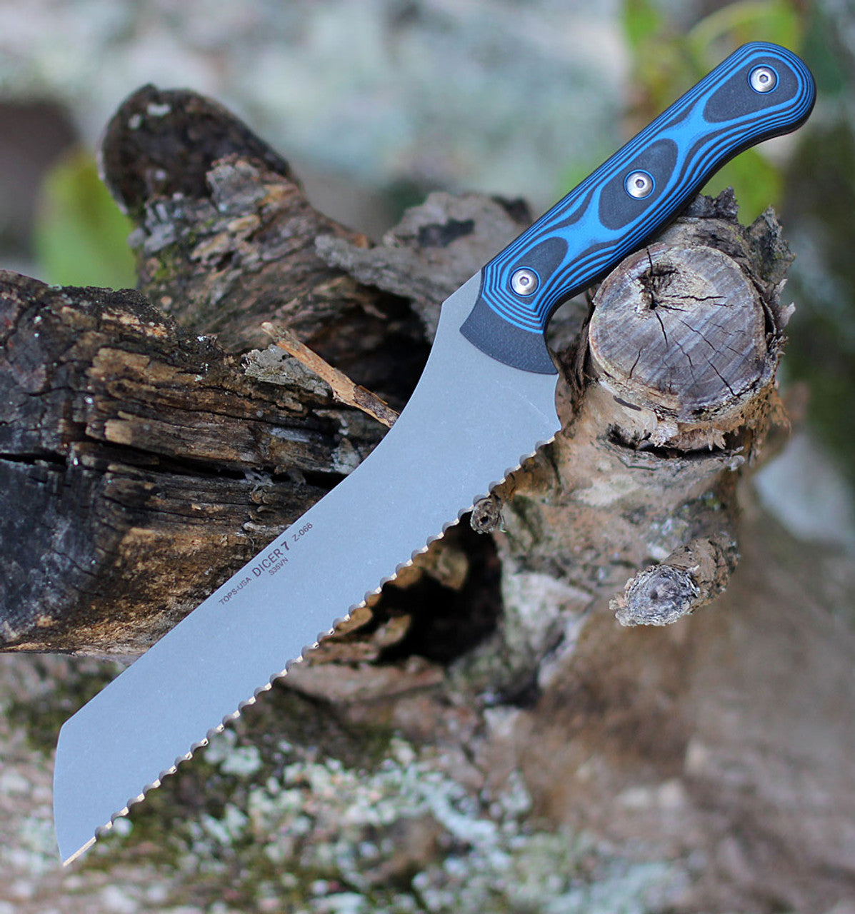 TOPS Knives Dicer 7 Bread Knife - Blk/Blue G10 (7.6" CPM S35VN Tumbled) DCR7-01
