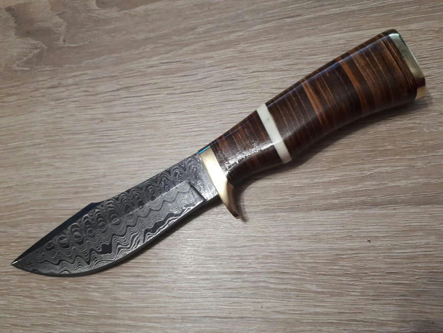 Damascus Steel Fixed Blade Hunter Knife Stacked Leather Handles - DM1066
