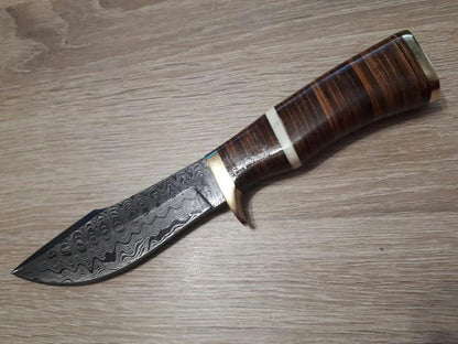 Damascus Steel Fixed Blade Hunter Knife Stacked Leather Handles - DM1066
