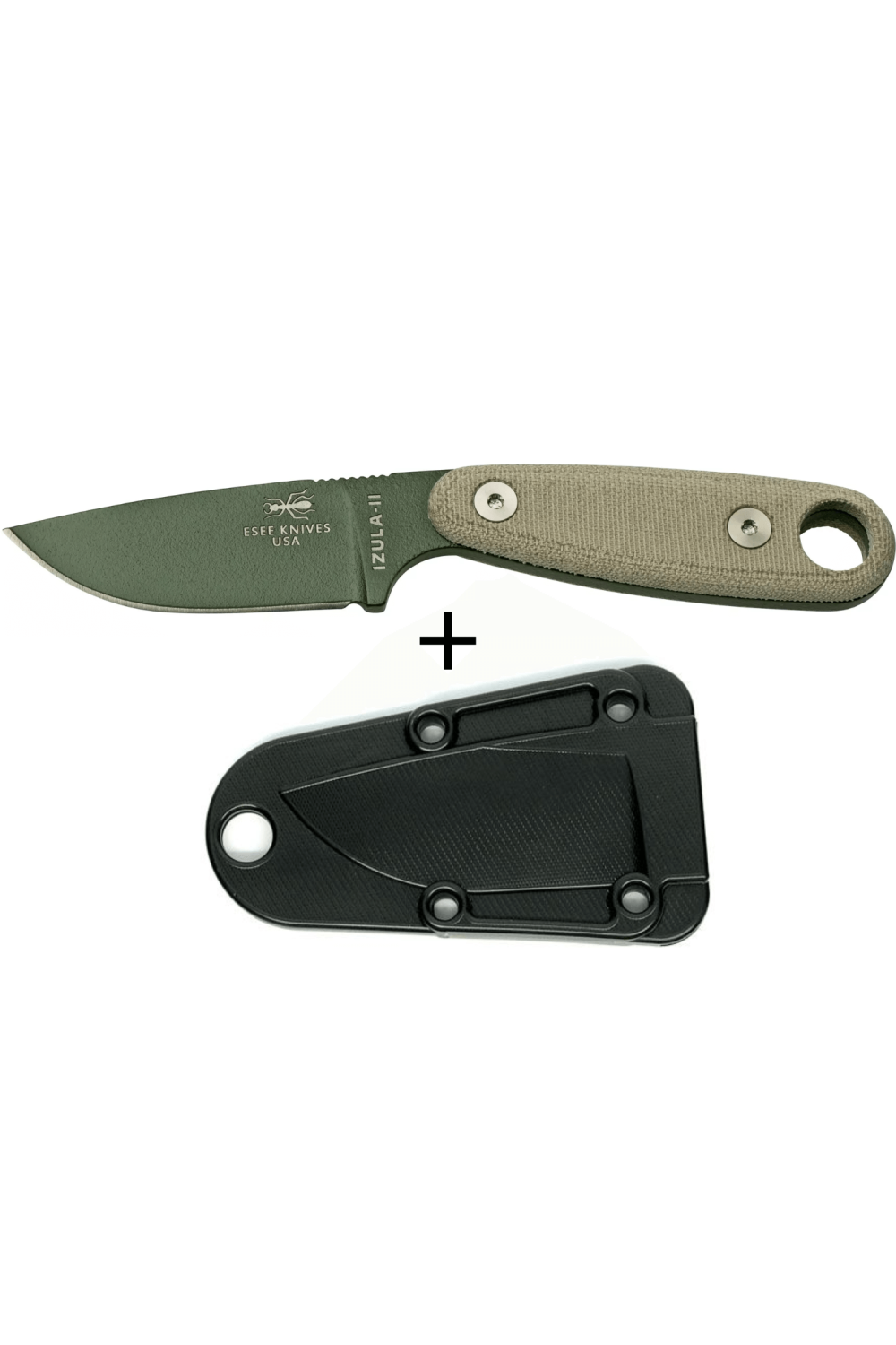ESEE knives Izula II olive green fixed blade, survival kit
