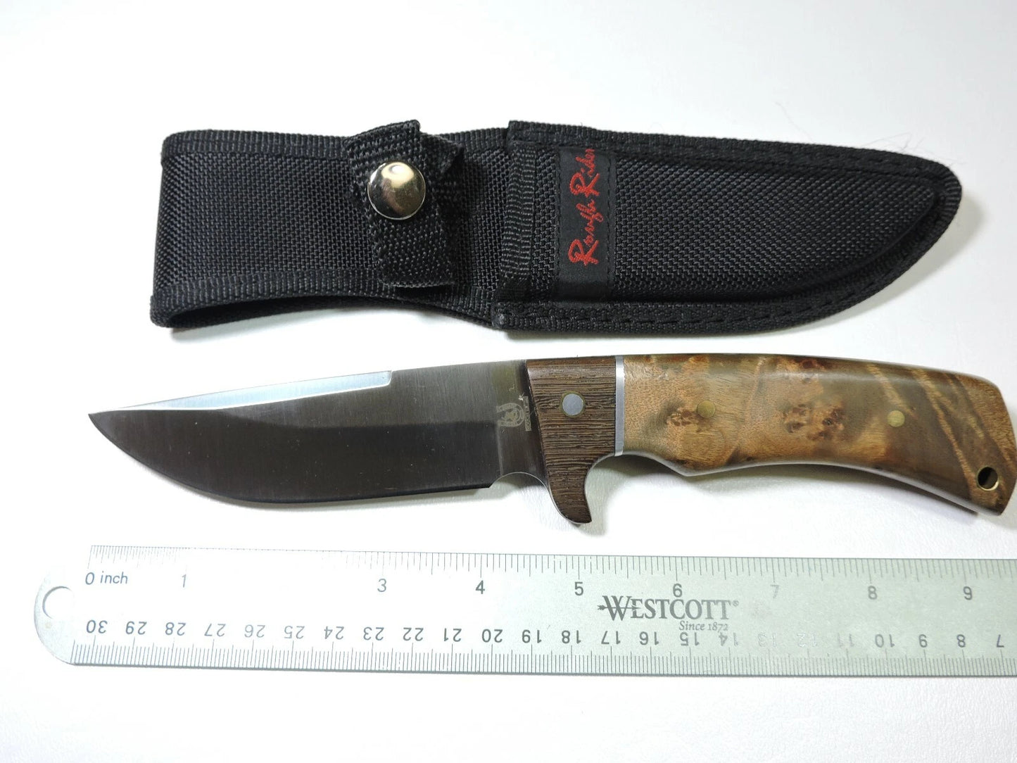 Rough Rider 844 Hunting Fixed Stainless Blade Knife with Burl Wood Handles
