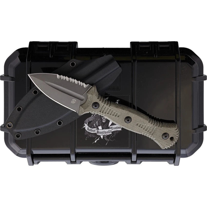 Bastinelli Creations Telum Fixed Blade Knife – Green Micarta Handle, 2.5" Black Stonewash Serrated Blade