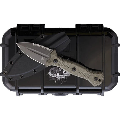 Bastinelli Creations Telum Fixed Blade Knife – Green Micarta Handle, 2.5" Black Stonewash Serrated Blade