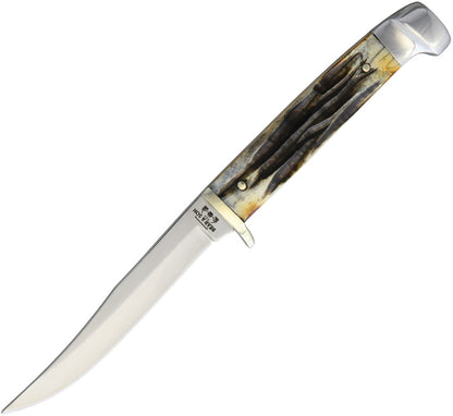 Bear & Son Caper Fixed 2.5" Stainless Steel Blade, Genuine India Stag Bone Handles, Leather Sheath - 5009