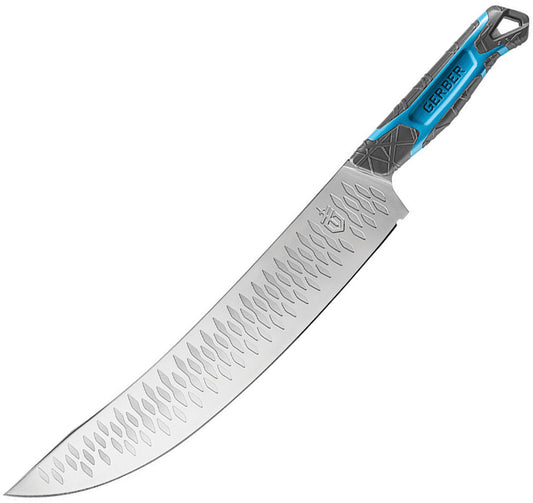 Gerber Rigor Scimitar Cyan knife with gray and cyan synthetic handle, Hydrotread grip, and lanyard hole